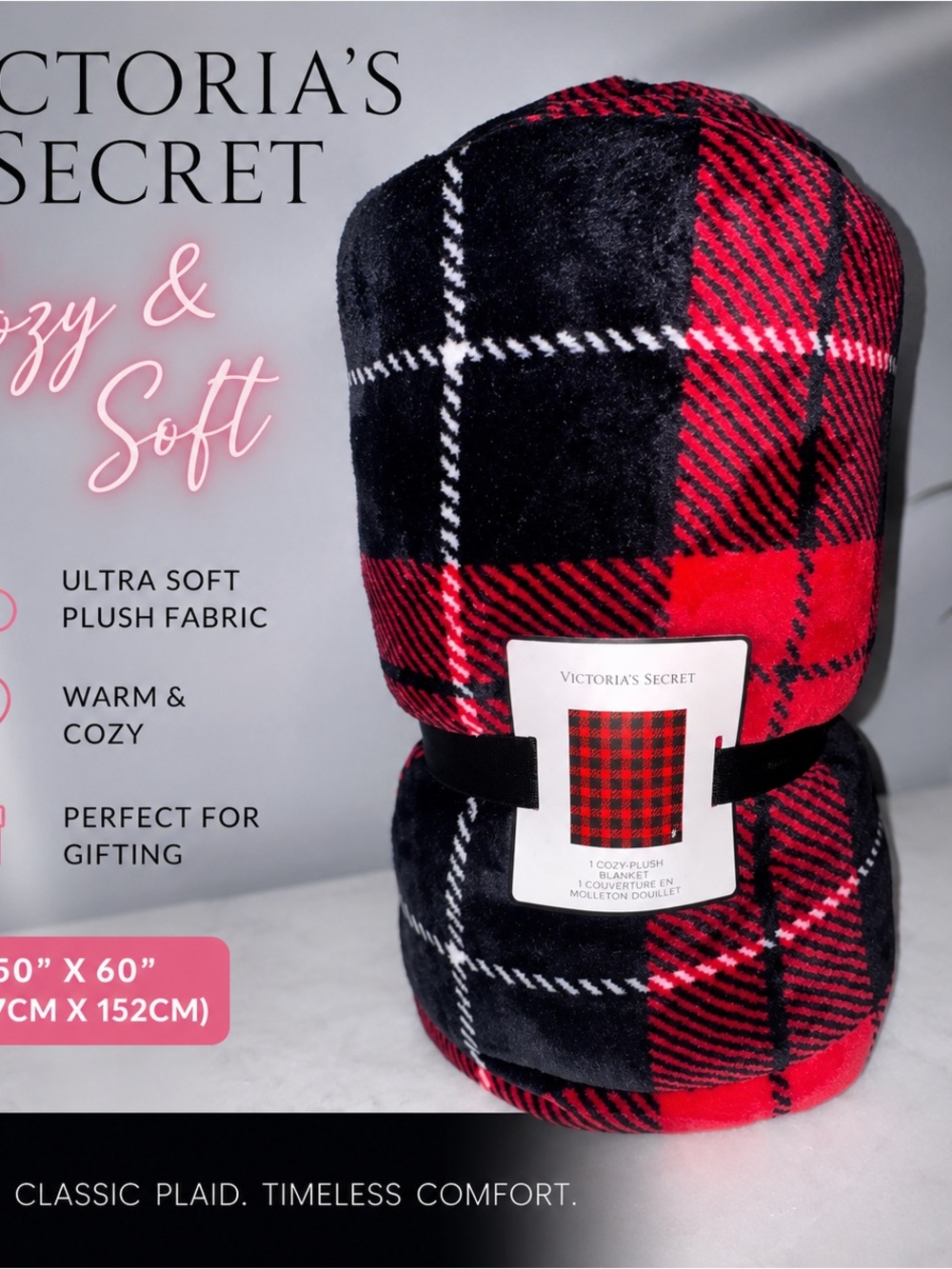 PINK Victoria's Secret Red and Black Plaid Plush Throw Blanket NWT
